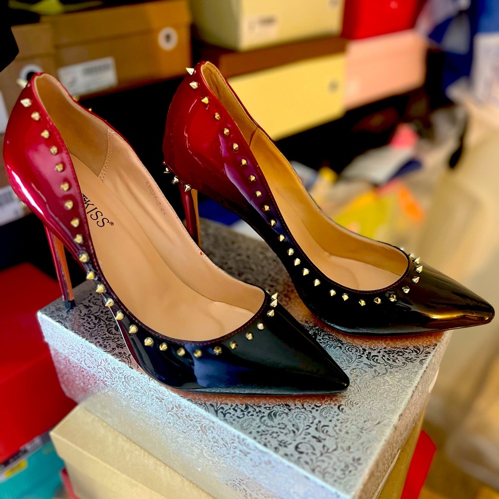 wetkiss Stiletto Heels Pumps for Women Red Rivet Studded Pointed Toe High Heel